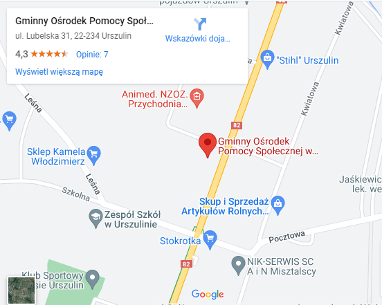 mapa z Google Maps z zaznaczonym GOPS Urszulin