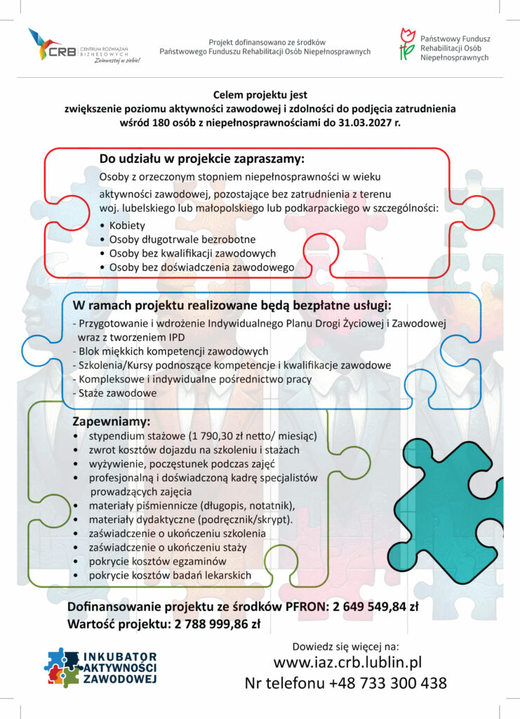 plakat informacyjny o projekcie:„Inkubator aktywności zawodowej"