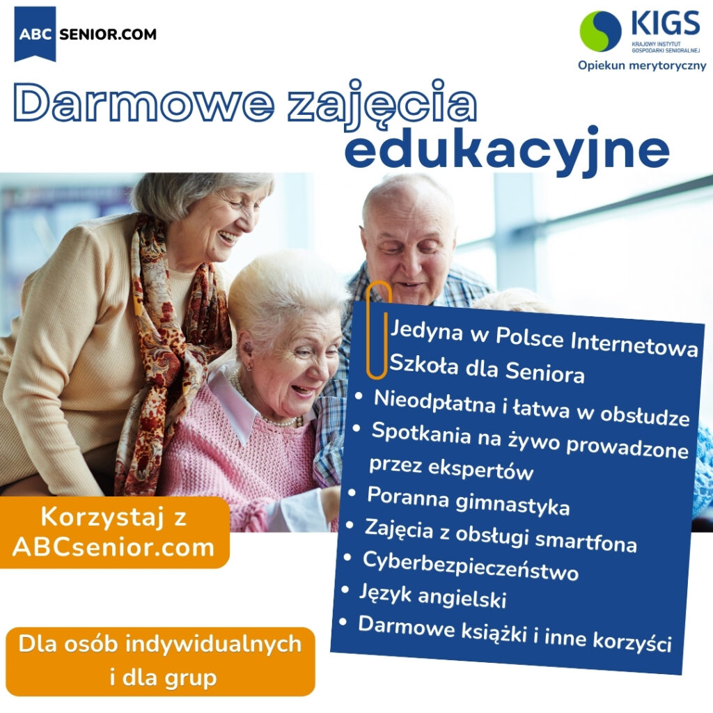 plakat informacyjny o darmowych zajęciach edukacyjnych dostępnych na ABCSenior.com