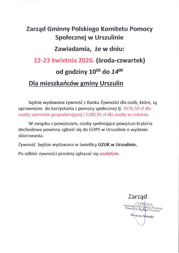 komunikat o wydawaniu paczek żywnościowych w dniach 22-23 kwietnia 2026